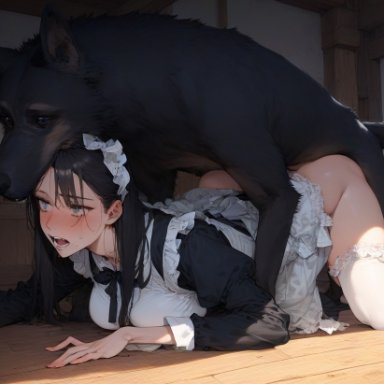 nanikasan17761, 1animal, 1girls, bestiality, big breasts, black hair, blue eyes, blush, breasts, canine, canine on human, clothed, clothed sex, dog, doggy style