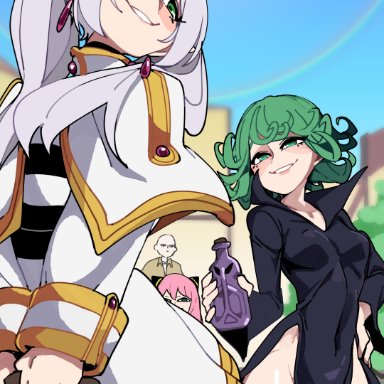 one-punch man, sousou no frieren, spy x family, anya forger, frieren, saitama, tatsumaki, bongfillstudent, 2girls, elf, elf ears, elf female, female, green eyes, green hair