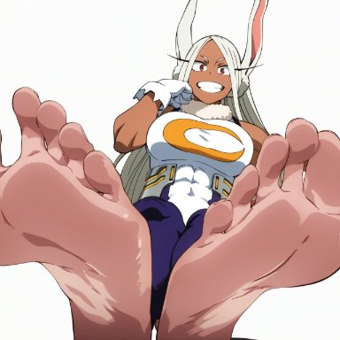 my hero academia, miruko, rumi usagiyama, srun123, 1girls, abs, abs visible through clothing, barefoot, big breasts, big feet, buff, bunny ears, bunny girl, busty, dark-skinned female