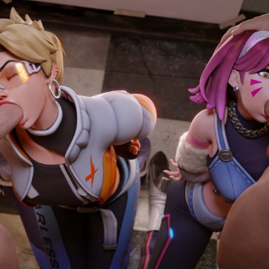 le sserafim, overwatch, overwatch 2, antifragile dazzle, antifragile traysi, d.va, tracer, thecount, 2boys, 2girls, blonde hair, blowjob, hand on head, orange-tinted eyewear, sunglasses