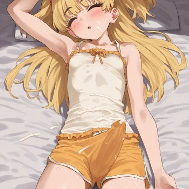 idolmaster, idolmaster cinderella girls, jougasaki rika, rika jougasaki, doseogwan, 1futa, arm, arm behind head, arm up, armpit, balls, balls visible through clothing, bed, blonde hair, blush