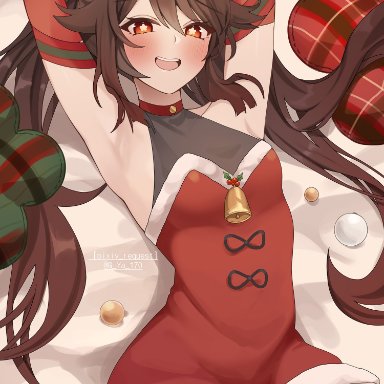 christmas, genshin impact, hoyoverse, mihoyo, hu tao (genshin impact), gya (144), arched back, armpits, bare shoulders, blush, bondage, brown hair, christmas clothing, christmas outfit, flower eyes