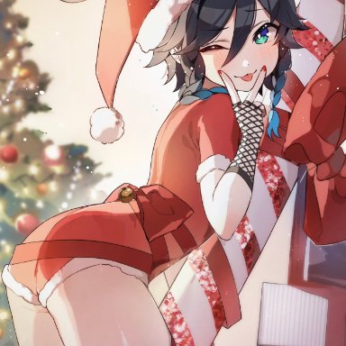 christmas, genshin impact, venti (genshin impact), wai1010, 1boy, androgynous, arched back, ass, blue hair, braid, candy cane, femboy, fishnets, gift wrapped, green eyes