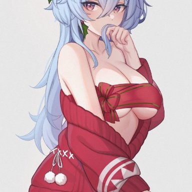 christmas, genshin impact, ganyu (genshin impact), shellvi, 1girls, blue hair, goat horns, large breasts, solo, sweater, thick thighs, thighhighs, underboob, zettai ryouiki