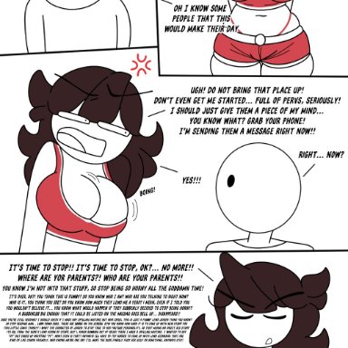 christmas, jaiden animations, jaiden, lewdyrewdy, annoyed, blush, cleavage, huge breasts, phone screen, short shorts, surprised, thick thighs, comic, comic page, dialogue