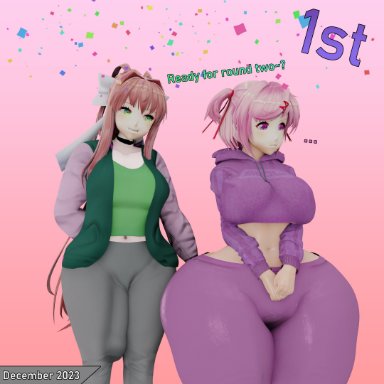 doki doki literature club, sonivvnsfw, ..., 1futa, 1girls, ass, ass bigger than head, big ass, big breasts, big butt, big penis, breasts, brown hair, bulge, bulge through clothing