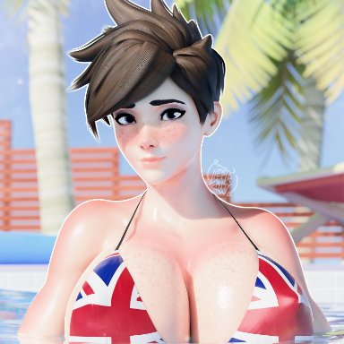 blizzard entertainment, overwatch, overwatch 2, tracer, llestrrhyw, rhywlad, 1girls, big breasts, bikini, breasts, breasts bigger than head, british flag, cleavage, female, female only