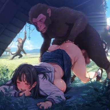nanikasan17761, 1animal, 1girls, 2animals, animal penis, ape, beastiality, big breasts, big penis, black hair, breasts, closed eyes, clothed, clothed sex, doggy style