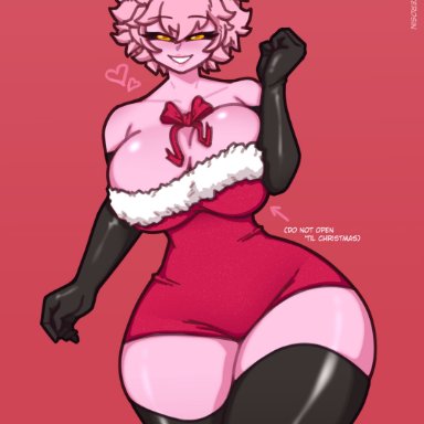 christmas, my hero academia, ashido mina, mina ashido, kerosin, 1girls, big breasts, black eyes, breasts, christmas outfit, female, female focus, female only, looking at viewer, pink body