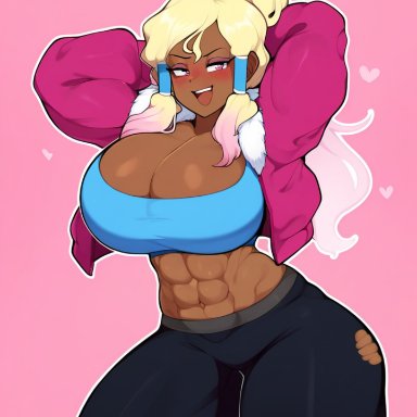 the legend of korra, korra, krystalizedart, abs, arms behind head, bimbo, bimbofication, blonde hair, blush, blush lines, cleavage, crop top, cropped jacket, dark skin, dark-skinned female