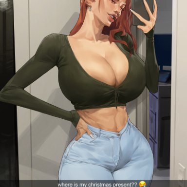 one piece, snapchat, nami, saigalisk, 1girls, brown eyes, crop top, cropped legs, female only, green shirt, hand on hip, holding phone, huge breasts, indoors, jeans