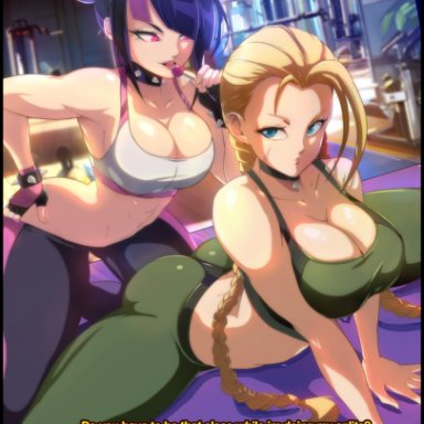 street fighter, cammy white, juri han, felox08, 2girls, abs, ass, big breasts, black hair, blonde hair, blue eyes, braided hair, breasts, choker, cleavage