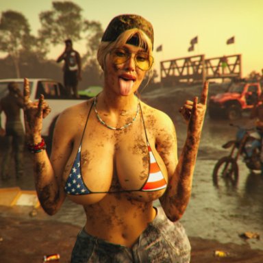 grand theft auto, gta vi, mud girl (gta), regina (karfex), karfex, american flag bikini, backwards baseball cap, baseball cap, big breasts, blonde hair, blue eyes, busty, clothed, clothed female, curvaceous