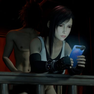 final fantasy vii, final fantasy vii remake, barret wallace, cloud strife, tifa lockhart, randommake90774, before and after, bored, bored expression, bored sex, cellphone, checking phone, comparison, dark-skinned male, disinterested