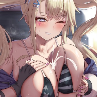 azur lane, guam (azur lane), satou aji, 1boy, 1girls, american flag bikini, bikini, blonde hair, blue eyes, breasts, cum, cum between breasts, eagle union (azur lane), female, huge breasts