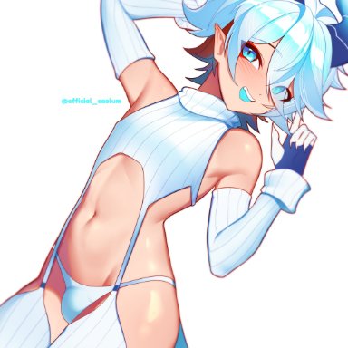 caelum(vtuber), caelum vt, blue eyes, demon, demon horns, demon tail, femboy, looking at viewer, male, male only, male pov, outfit, partially clothed, sweater, trend