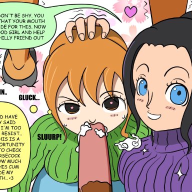 one piece, nami, nico robin, tony tony chopper, ginspot, 1animal, 2girls, anthro, big breasts, blush, cum, cum in mouth, cum on breasts, deer, fellatio