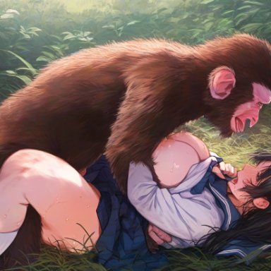 nanikasan17761, 1animal, 1girls, ape, big breasts, black hair, breasts, closed eyes, clothed, clothed sex, erect nipples, fucked silly, huge breasts, missionary position, monkey