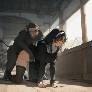 nanikasan17761, 1animal, 1girls, ape, big breasts, black hair, blush, breasts, closed mouth, clothed, clothed sex, doggy style, long hair, monkey, nun