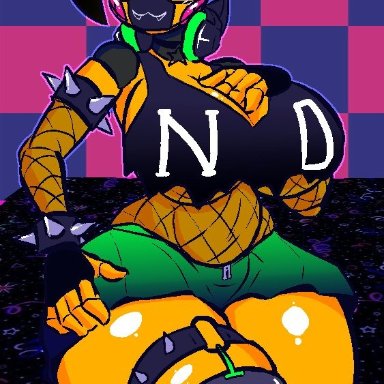 five nights at freddy's, five nights at freddy's 2, toy chica (fnaf), stormkinght, 1girls, big breasts, big thighs, breasts, collar, enormous breasts, female, female only, fishnet armwear, fishnet bodysuit, fishnets