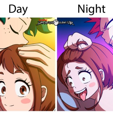 boku no hero academia, day and night, my hero academia, deku, eijirou kirishima, izuku midoriya, kirishima eijirou, midoriya izuku, ochako uraraka, uraraka ochako, drakonaskar, 1girls, 2boys, ahe gao, ahegao