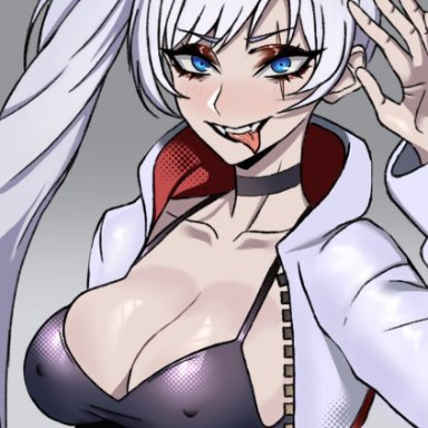 rooster teeth, rwby, weiss schnee, dizzle tan, 1girls, big breasts, black bra, blue eyes, bra, breasts, canine teeth, fangs, female, female focus, female only