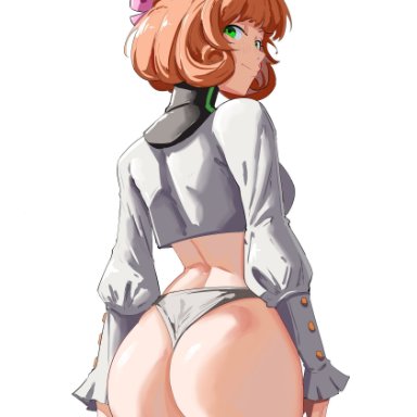 rwby, penny polendina, automatic giraffe, 1girls, ass, bubble, bubble butt, butt crack, butt fang, exposed ass, female, grabbing own ass, green eyes, grey background, hands on ass