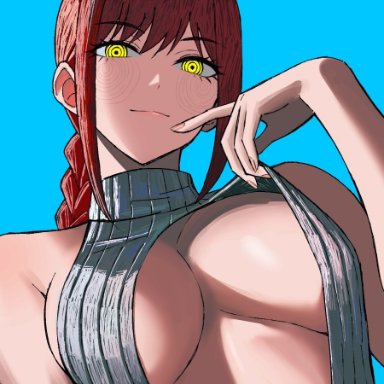 chainsaw man, makima (chainsaw man), zeon (zzeeonn), big breasts, glowing eyes, looking down, red hair, revealing clothes, underboob, yellow eyes