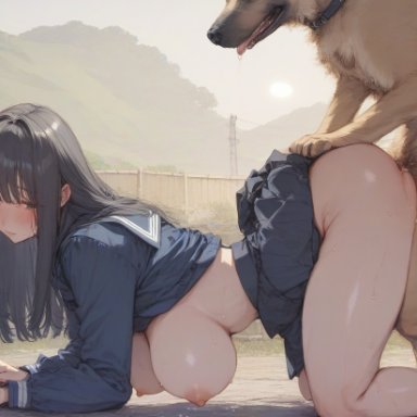 nanikasan17761, 1animal, 1girls, ass, big breasts, black eyes, black hair, blush, breasts, canine, clothed sex, clothing, doggy style, erect nipples, huge breasts