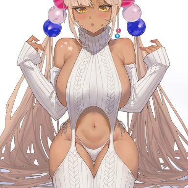 hololive, hololive english, hololive english -council-, tsukumo sana, archinoer, alternate costume, bare shoulders, blonde hair, blush, breasts, dark skin, dark-skinned female, female, garter straps, hair ornament