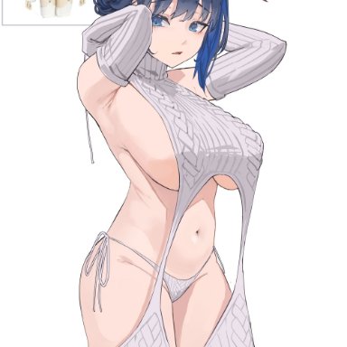 hololive, hololive english, hololive english -council-, hololive english -promise-, ouro kronii, archinoer, alternate costume, aran legwear, arms behind head, blue eyes, blue hair, breasts, cable knit, detached sleeves, female