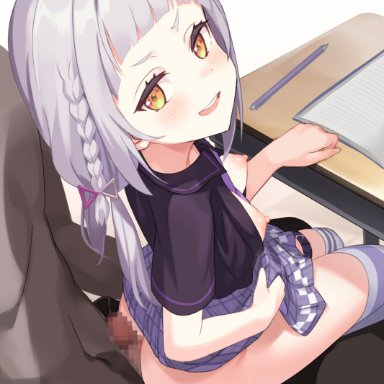 hololive, murasaki shion, arou (arrow x666), 1girls, ahoge, blush, breasts, dark skin, dark-skinned male, grey hair, hetero, imminent penetration, imminent sex, imminent vaginal, long hair