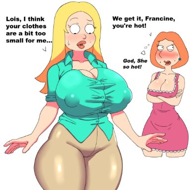 american dad, family guy, francine smith, lois griffin, 2girls, big ass, big breasts, boob window, clothed, clothing swap, female, female only, huge breasts, jealous, nipples visible through clothing