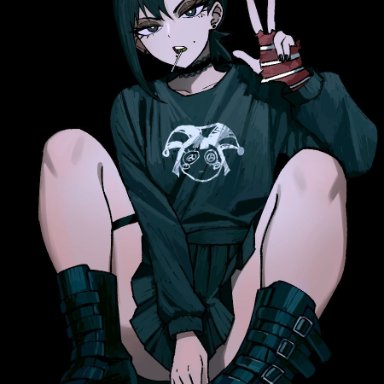 chainsaw man, higashiyama kobeni, zeon (zzeeonn), bare legs, black eyes, black hair, boots, dark hair, emo, emo girl, goth, goth girl, lollipop, long sleeves, shirt