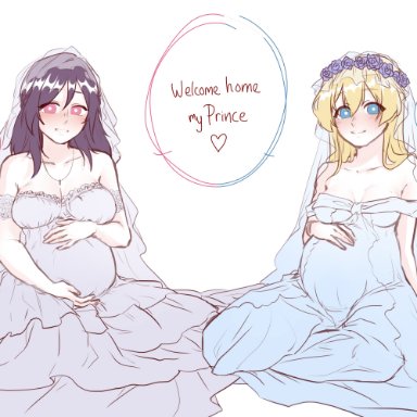 fault milestone, ritona reighnvhasta, selphine rughzenhaide, 2girls, blonde hair, blue eyes, bridal veil, bride, dress, flower crown, flower in hair, flowers, gown, hands on stomach, holding belly