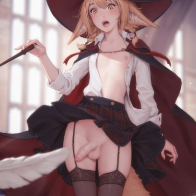 original, khiara (personalami), personalami, 1futa, animal ear fluff, animal ears, balls, ballsack, black cloak, black headwear, black skirt, black thighhighs, blonde hair, blurry, blurry background