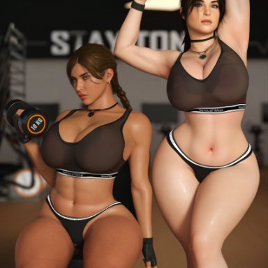 call of duty, tomb raider, tomb raider (survivor), lara croft, lara croft (cod), lara croft (survivor), rude frog, 2girls, ass, big ass, big breasts, braided hair, breasts, brown eyes, brown hair