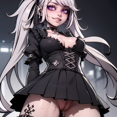 original character, puffyart, 1girls, bangs, breasts, choker, cross, dress, ear piercing, fishnet legwear, fishnets, freckles, freckles on face, goth, grey hair