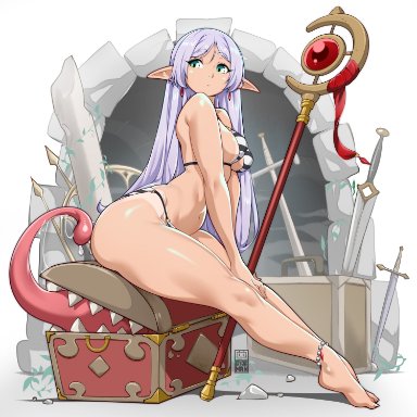 sousou no frieren, frieren, mimic chest, bayeuxman, 1girls, bikini, breasts, elf, green eyes, legs, long hair, pointy ears, sword, tongue, white hair