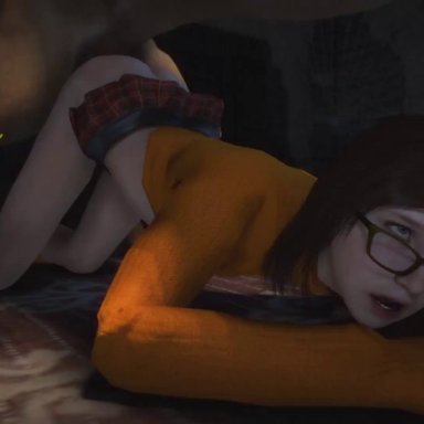 scooby-doo, the last of us, sarah miller, scooby-doo (character), velma dinkley (cosplay), lesdias, ambiguous penetration, brown hair, cosplay, doggy style, eyewear, face down ass up, femsub, feral on female, medium hair
