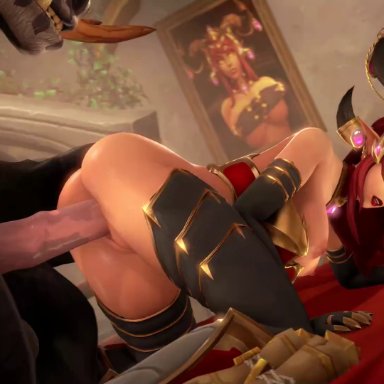 world of warcraft, alexstrasza, tauren, ambrosine92, all fours, armor, breasts, horns, huge penis, interspecies, large breasts, large penis, red hair, yellow eyes, 3d