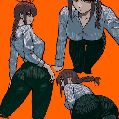 chainsaw man, makima (chainsaw man), zeon (zzeeonn), big ass, big breasts, braided hair, formal clothes, formal wear, glowing eyes, red hair, suit, thick thighs, yellow eyes
