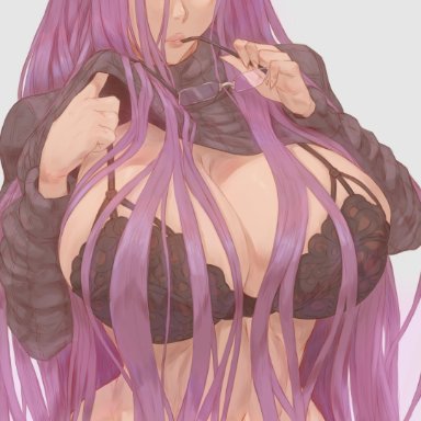 fate (series), fate/grand order, medusa (fate), kuromoro, black bra, black panties, black sweater, bra, breasts, cleavage, clothes lift, cowboy shot, curvy, eyes visible through hair, eyewear in mouth