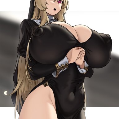 original, houtengeki, 1girls, big nipples, black dress, blonde hair, breast hold, breasts, cleavage, covered navel, cross, cross-shaped pupils, dress, female, female only