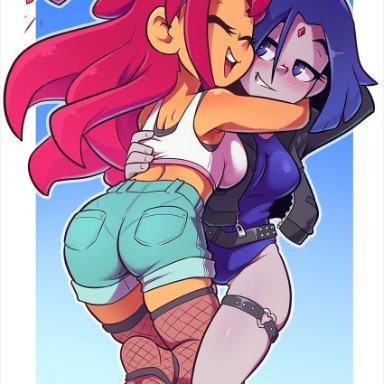 dc comics, teen titans, koriand'r, rachel roth, raven (dc), starfire, the other half, 2girls, blush, female, female only, female/female, hug, implied yuri, wholesome