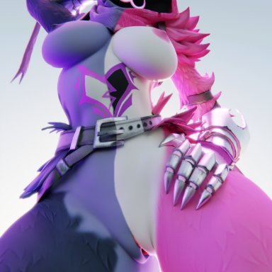 fortnite, raven team leader, manlybadger, glowing eyes, large breasts, pink body, pink eyes, pink fur, pink nipples, purple body, purple fur, purple nipples, pussy, tattoo, view from below