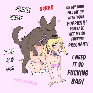 mollyerotica, 1animal, 1boy, 1dog, 1girls, ahe gao, all fours, asking for creampie, barbell piercing, bestiality, blonde hair, canine, canine on human, doggy style, full body