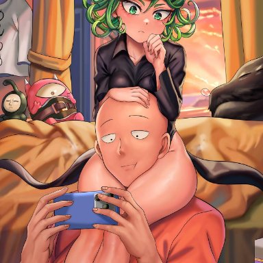 one-punch man, black sperm, saitama, tatsumaki, fair6805, rkrk12, 1boy, 1girls, breasts, curly hair, green eyes, green hair, phone, sitting, sitting on shoulders