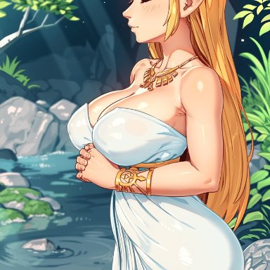 breath of the wild, nintendo, the legend of zelda, princess zelda, zelda (breath of the wild), xxnikichenxx, 1girls, big breasts, big thighs, blonde hair, blue eyes, breasts, closed eyes, erect nipples, erect nipples under clothes