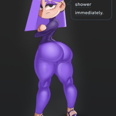 duolingo, lily (duolingo), ronmeruart, annoyed, ass, big ass, big butt, disappointed, earrings, grey background, high heels, looking at viewer, looking back, purple eyeshadow, purple hair